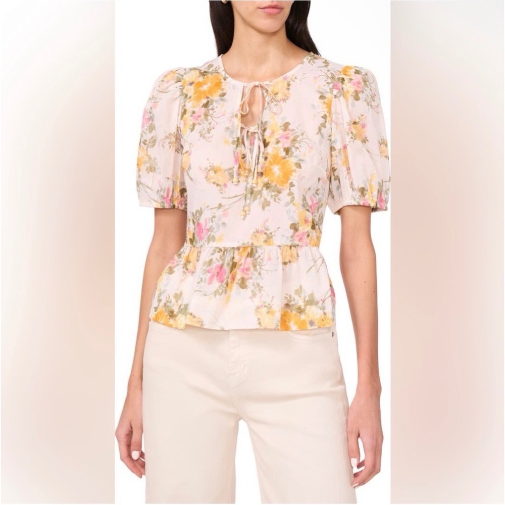 Parker Alina Floral Peplum Blouse Pink Puff Sleeve Tie Neck Size S
